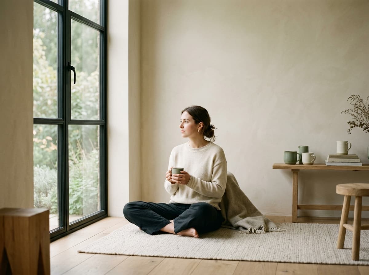A woman sitting on a rug beside a tall window, holding a mug and looking out at the garden