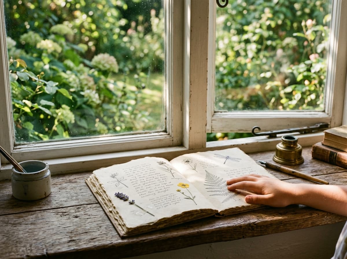 A quiet sunlit windowsill looking out over a garden